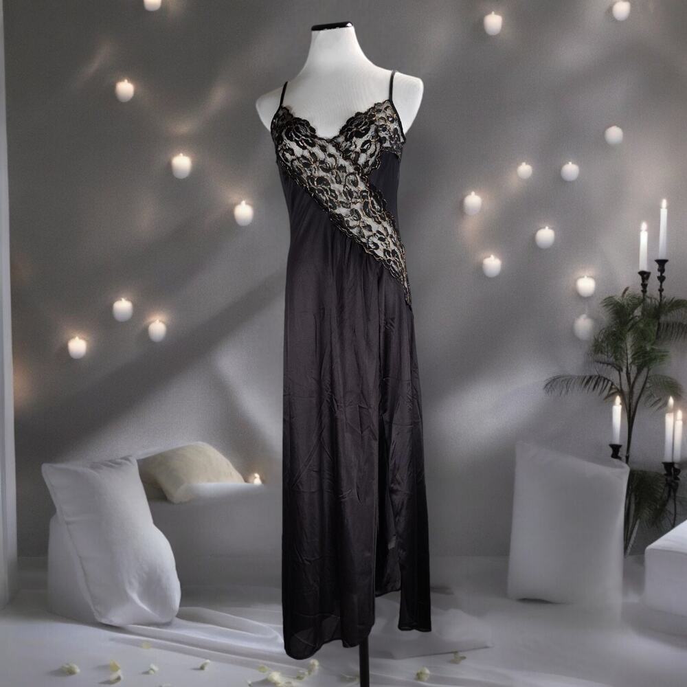 Vintage 90s Black Lace Slip Dress M Sheer Nylon Goth Boudoir Maxi
